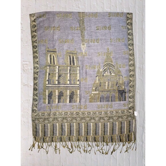 Vtg 90s Pashmina Shaw Wrap Paris Eiffel Tower City Tour Fringe Scarf Red Gray - Picture 7 of 8
